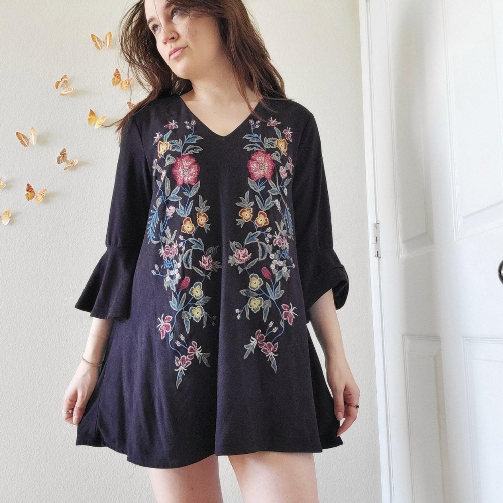 Embroidered Suede Black Shift Dress